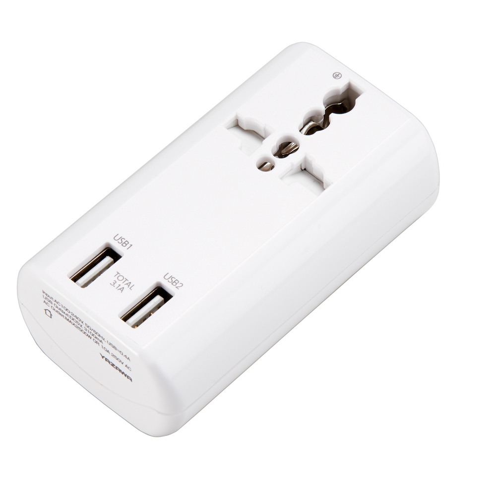 海外用マルチ変換プラグUSB付3.1A白｜YAZAWA CORPORATION