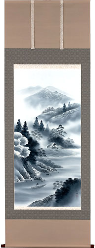 山水の掛け軸 川島広陽作 水墨山水