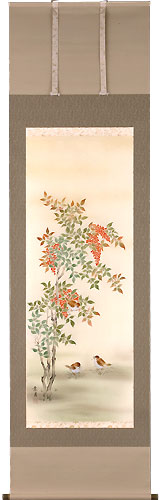 花鳥の掛け軸 佐藤景月作 南天に雀