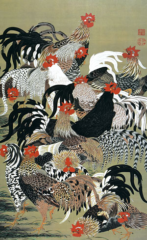 有名作家の掛け軸 伊藤若冲作 群鶏図