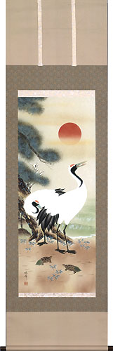 鶴亀の掛け軸 河合旭峰作 松竹梅鶴亀