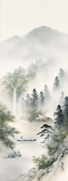 山水の掛け軸 塩川翠笙作 彩色山水