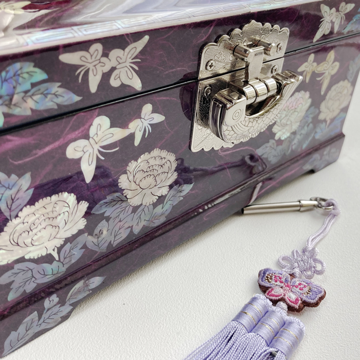 韓国螺鈿宝石箱7牡丹ジュエリーボックス鍵付き2段(パープル) 名刺入