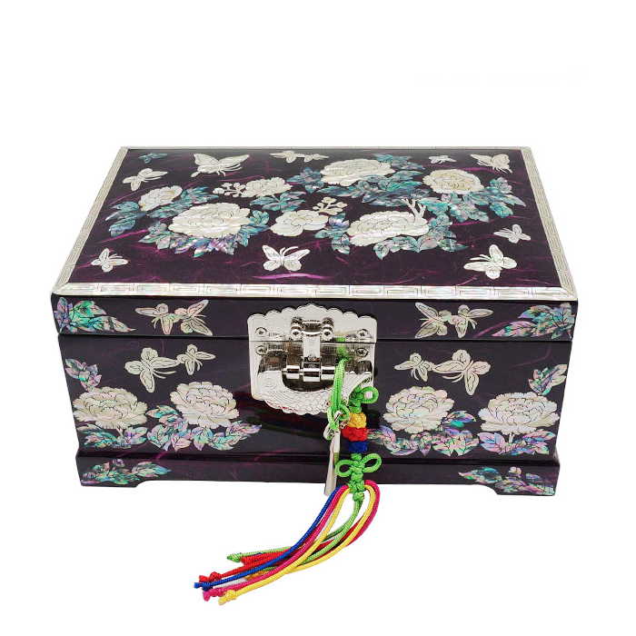 韓国螺鈿宝石箱7牡丹ジュエリーボックス鍵付き2段(パープル) 名刺入
