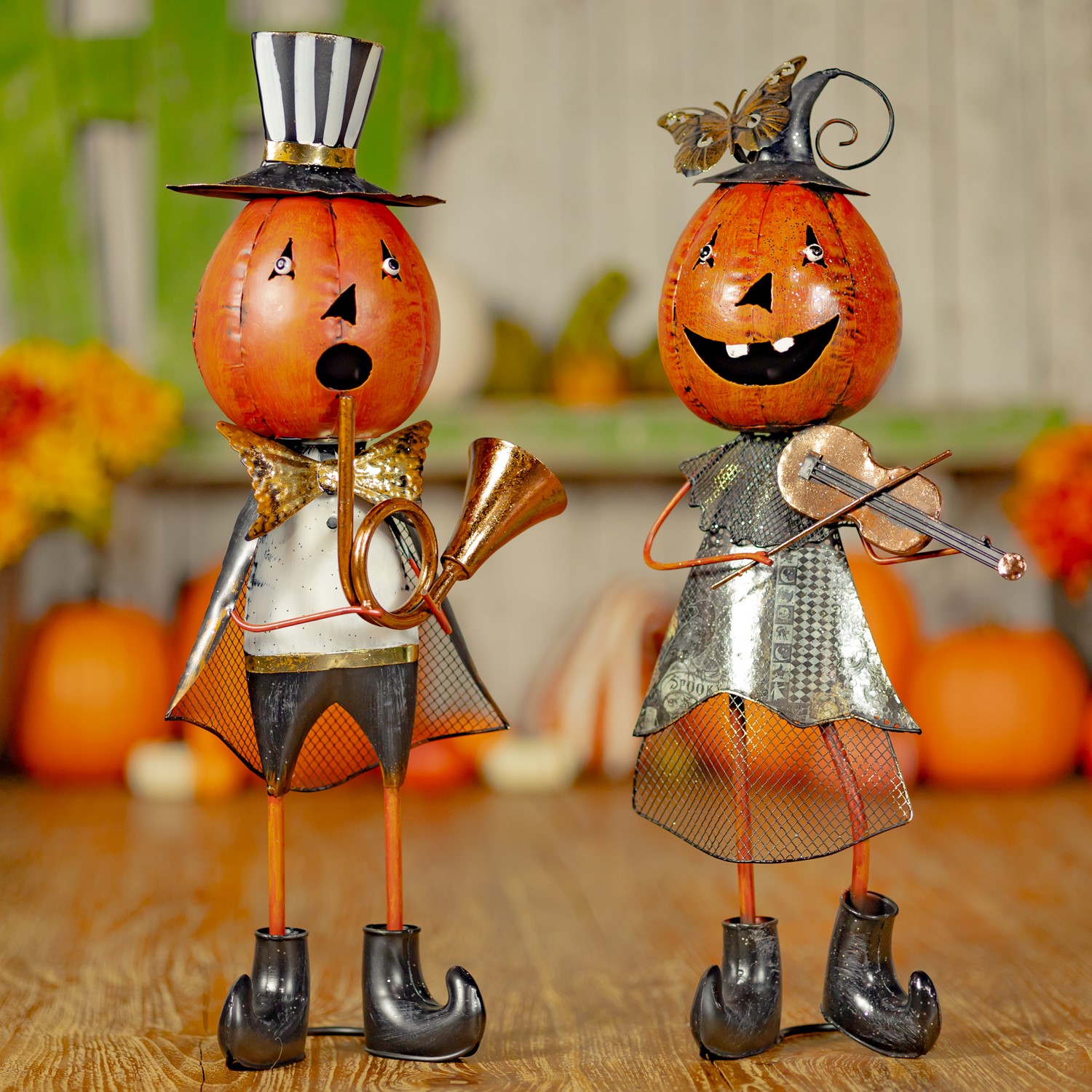 Set of 2 Metal Jack-O-Lantern Musician Couple