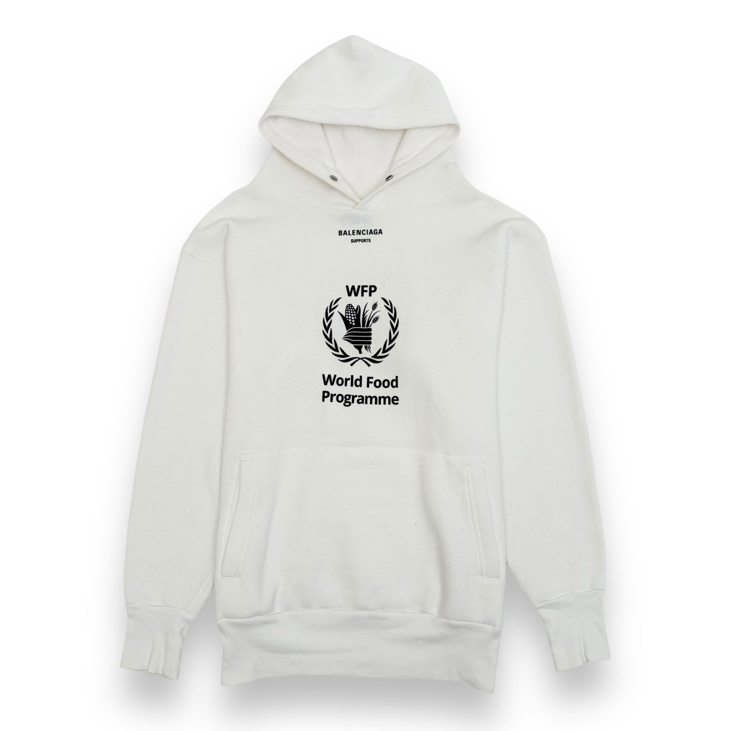BALENCIAGA OVERSIZED WORLD FOOD PROGRAMME HOODIE WHITE / BLACK XS