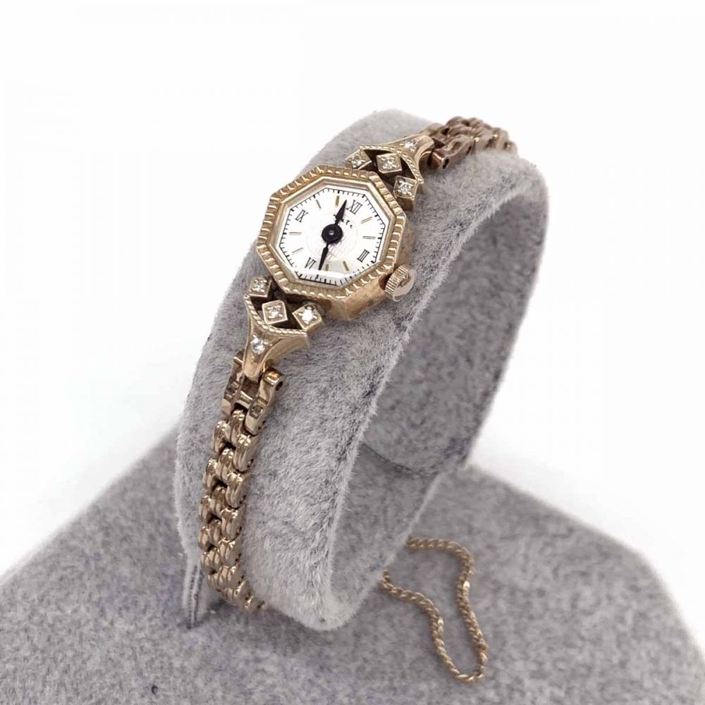 アガット/ジュエリーウォッチ/オクタゴン/K10×ダイヤ0.07Ct/シルバー