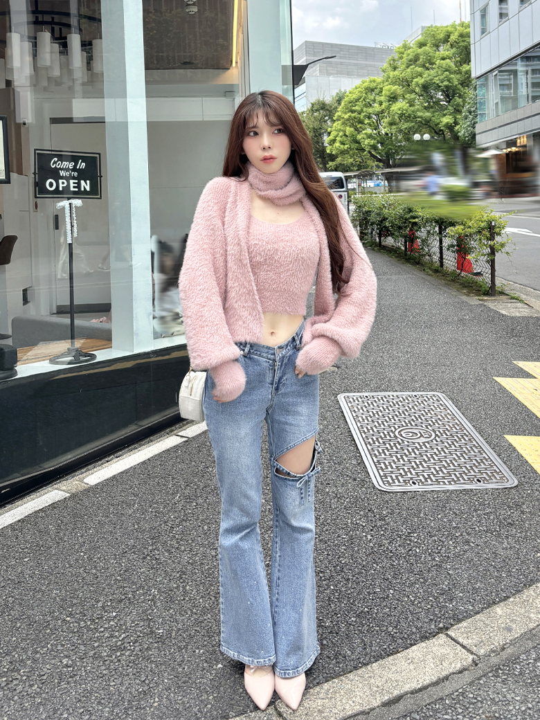 M me emeエムミーエメ Vラインウエストリボンフレアデニム ホワイト XS