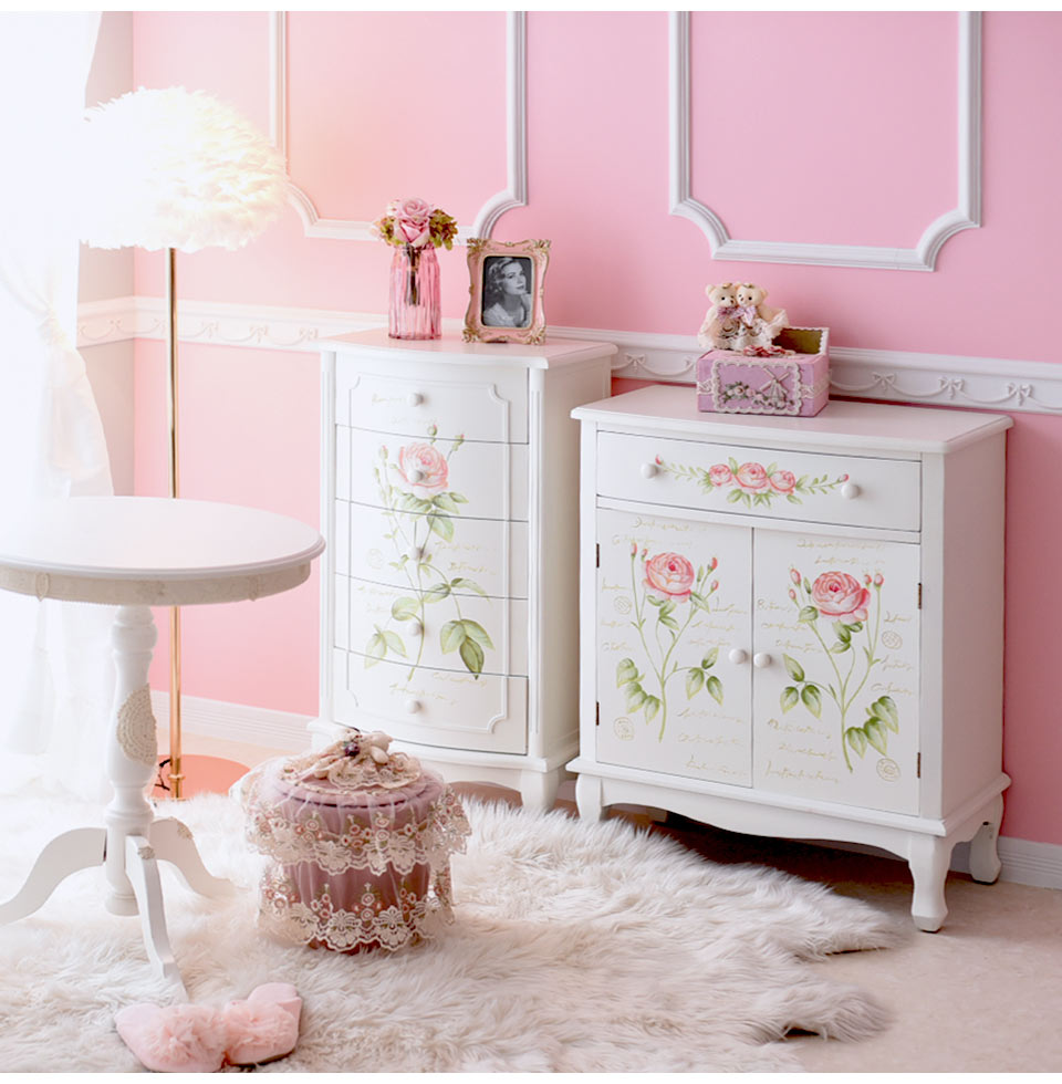 ハンドペイント 薔薇のキッチンキャビネット フレンチホワイト｜姫系