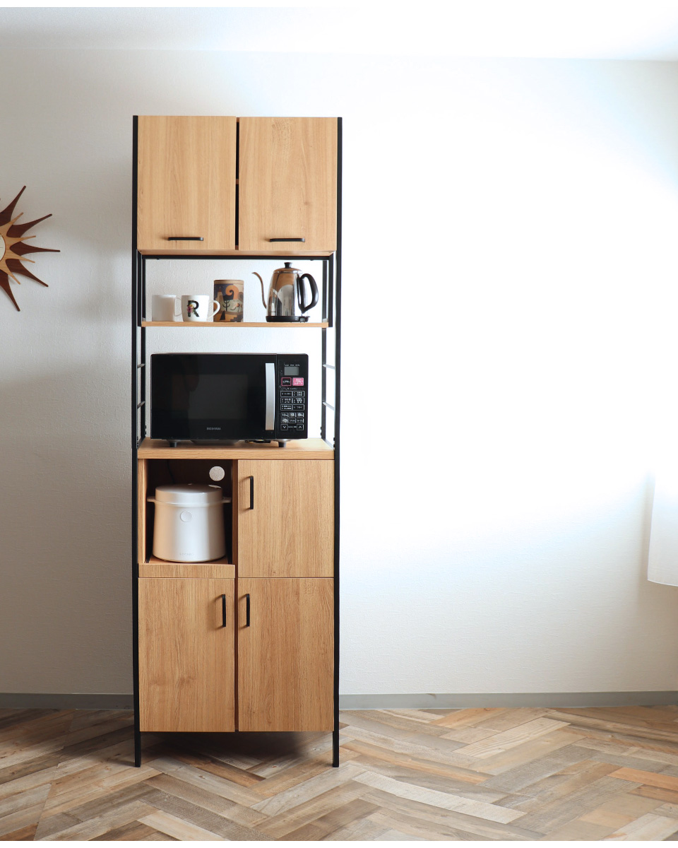 キッチンボード 食器棚 レンジ台 幅60cm コンセント付き ライト