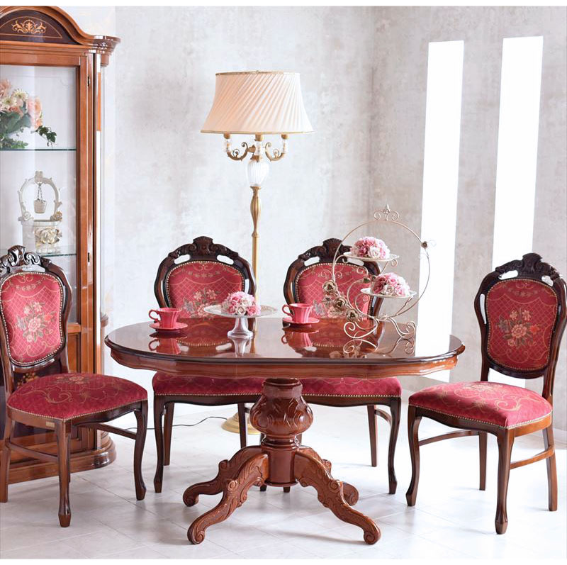 イタリア製 象嵌オーバルダイニングセット5P （レッドフラワー） 135cm