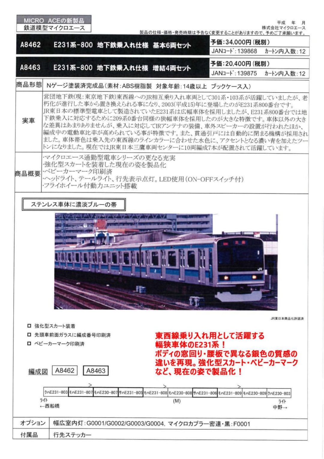 MICROACE E231系-800・地下鉄乗入れ仕様 基本6両セット/増結4両セット