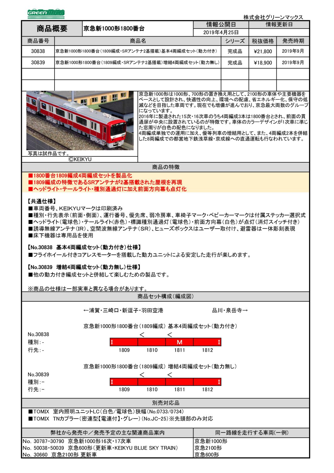 GM 京急新1000形1800番台（1809編成・SRアンテナ2基搭載）増結4両編成