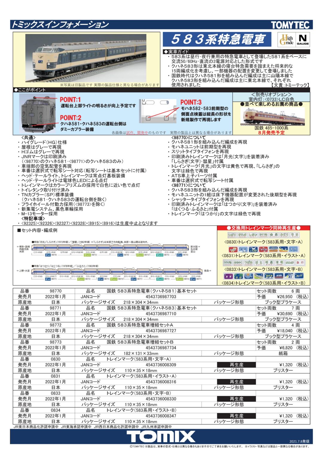 TOMIX 583系特急電車(クハネ581)基本セット 品番:98770 #トミックス