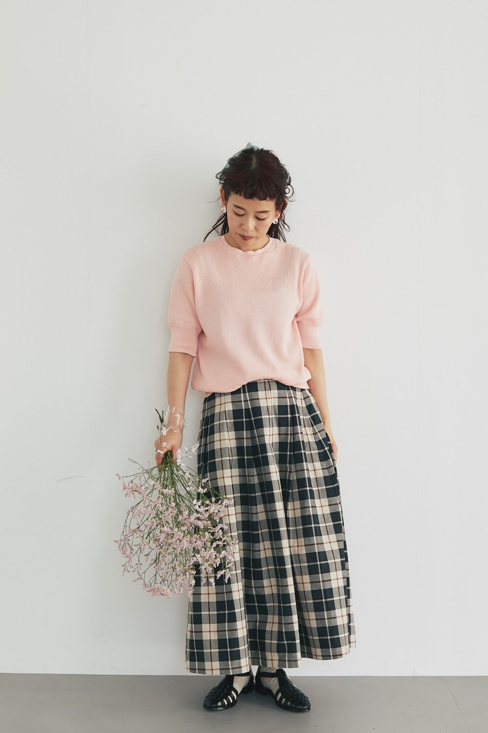 Soft pleats check skirt Black - tartan check