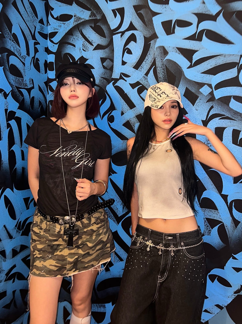 Feather logo Studs Buggy Denim Pants – YZ