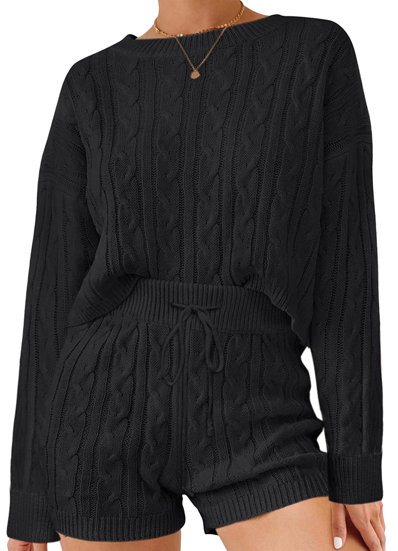 ZESICA Cable Knit Pullover Tops and Drawstring Shorts Lounge Set