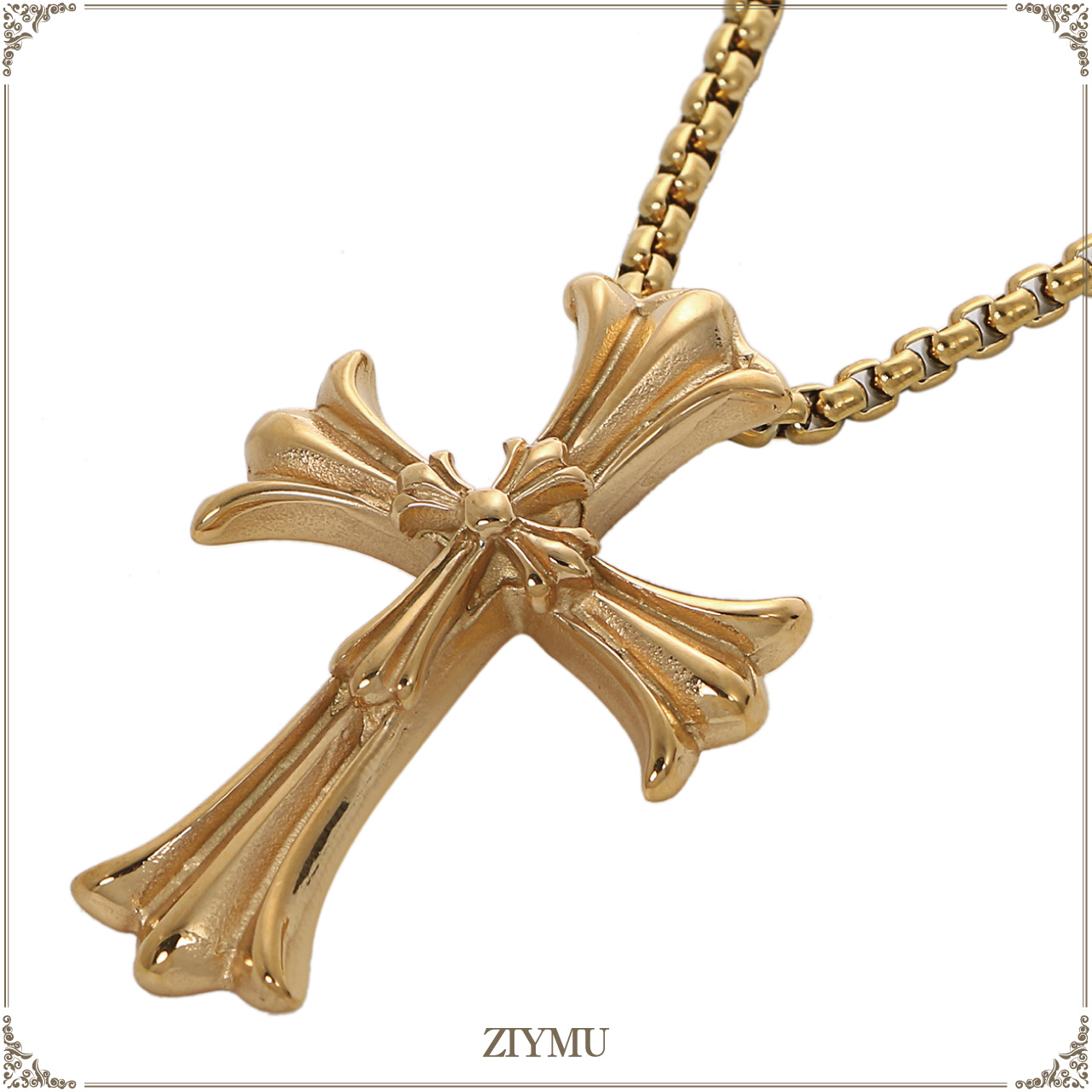 ZIYMU] ダブルクロス ネックレス フローラルクロス ペンダント