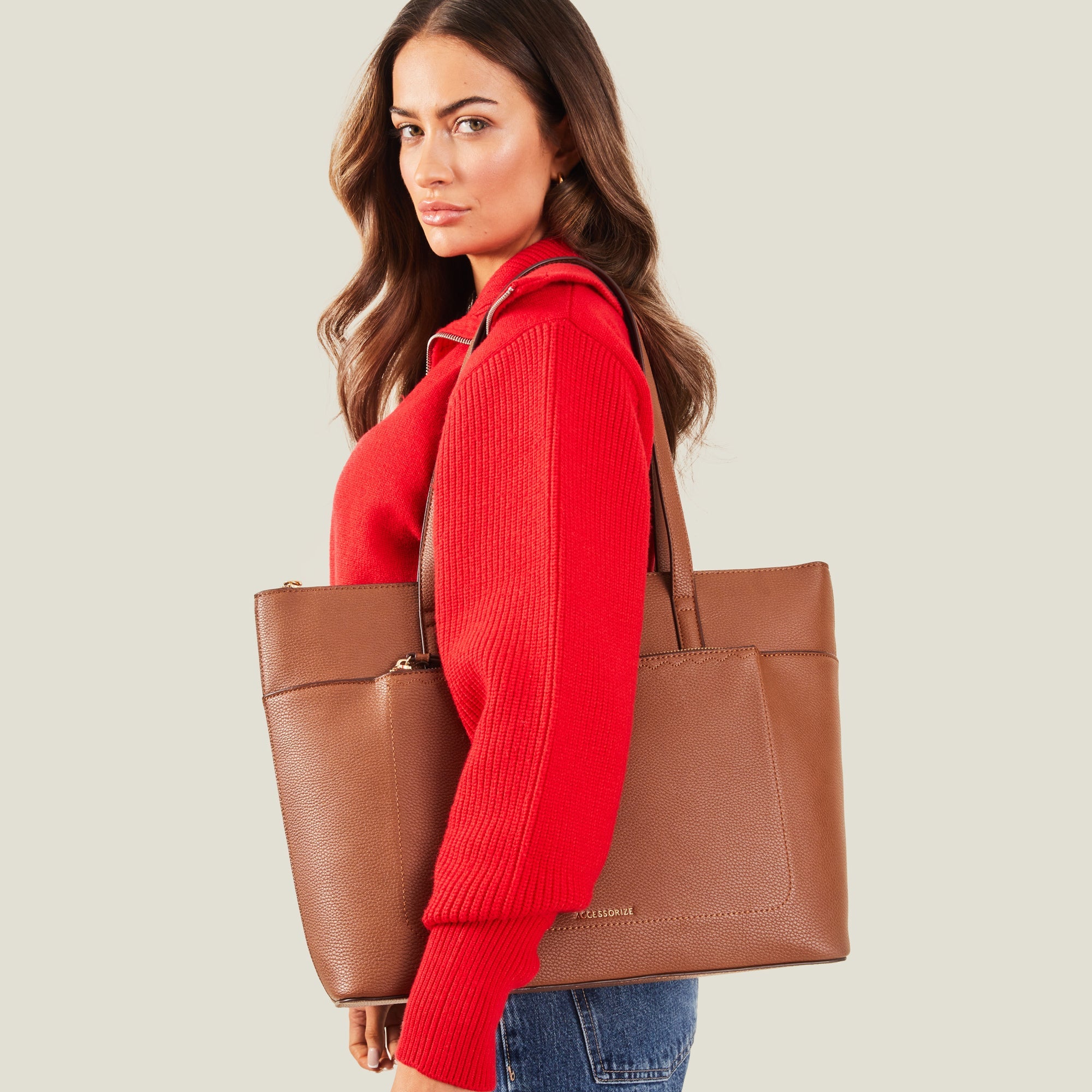 Accessorize London Women's Green Zip Pocket Faux Leather Tote Bag