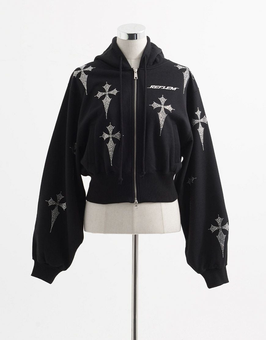 REFLEM【レフレム】ラインストーンクロス総柄長袖クロップドジップ