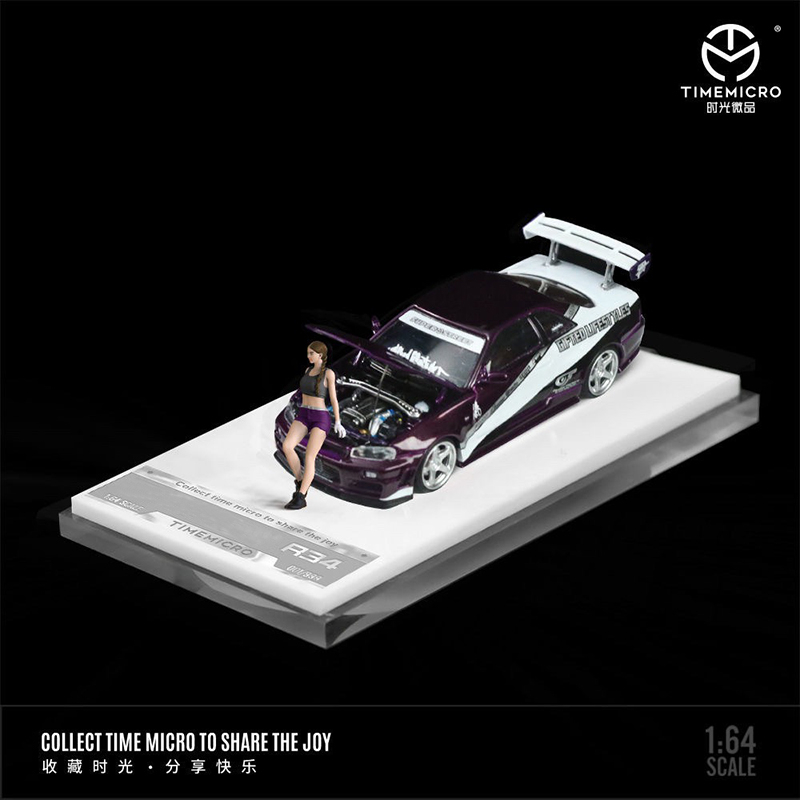 TM In Stock 1:64 Skyline GTR R34 Z Tune Open Hood Diecast Car