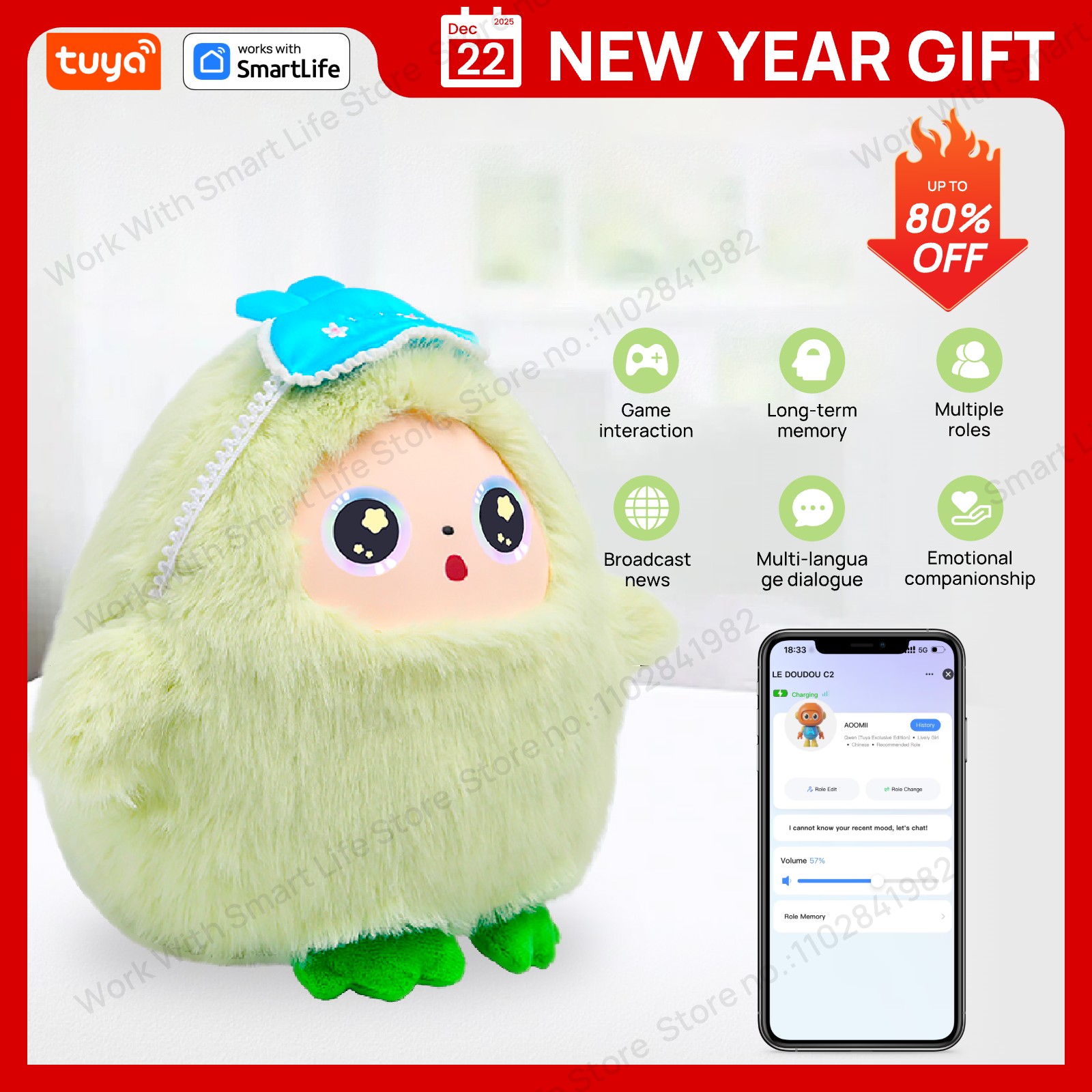 Yaya-AI Plush Robot w/Smart Voice&LED Eyes, Interactive Companion
