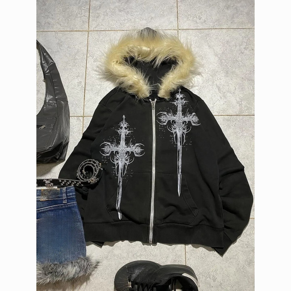 2026 Spring Punk Gothic Y2k Fur Hooded Coat Grunge Aesthetics