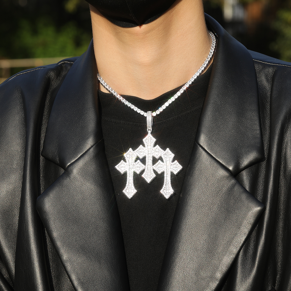 THE BLING KING Iced Triple Cross Pendant Necklace For Men Micro