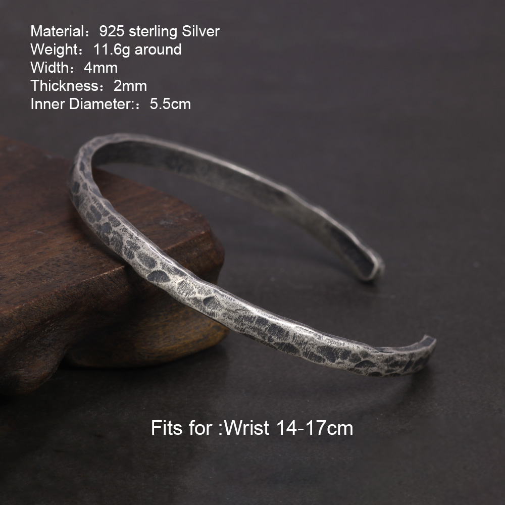 4mm Genuine 925 Sterling Silver Handmade Hammer Pattern Vintage