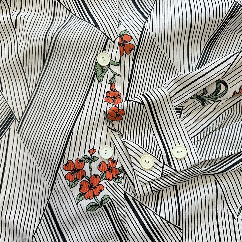 昭和レトロ 70's 幾何学模様と花柄 アイボリーホワイト 開襟 柄シャツ