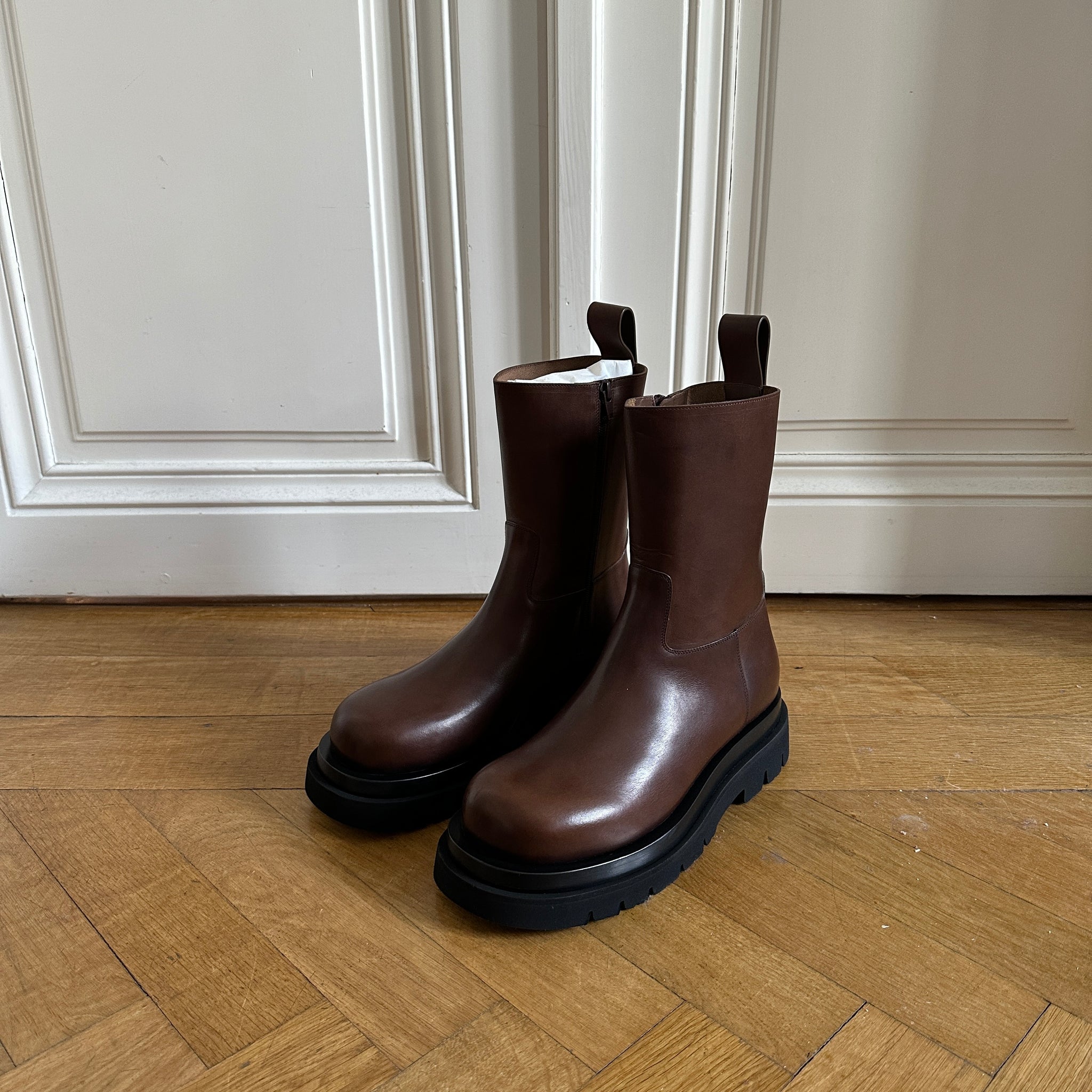 Bottega Veneta Chestnut Zip Leather Lug Boots - Ākaibu Store