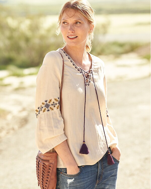 Lilla P Lace-Front Embroidered Gauze Top | Garnet Hill