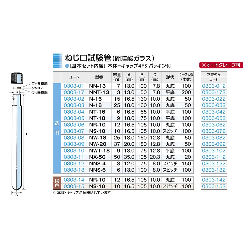 6-297-09 ねじ口試験管 φ16.5×105×φ10.0mm 12mL 1箱（100本入） NR-10