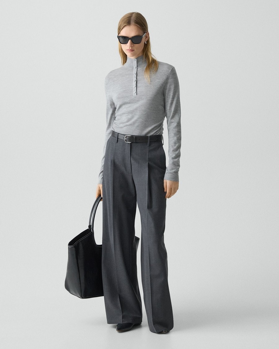 Grey Melange Shirred Henley Sweater in Regal Wool | Women's Wool