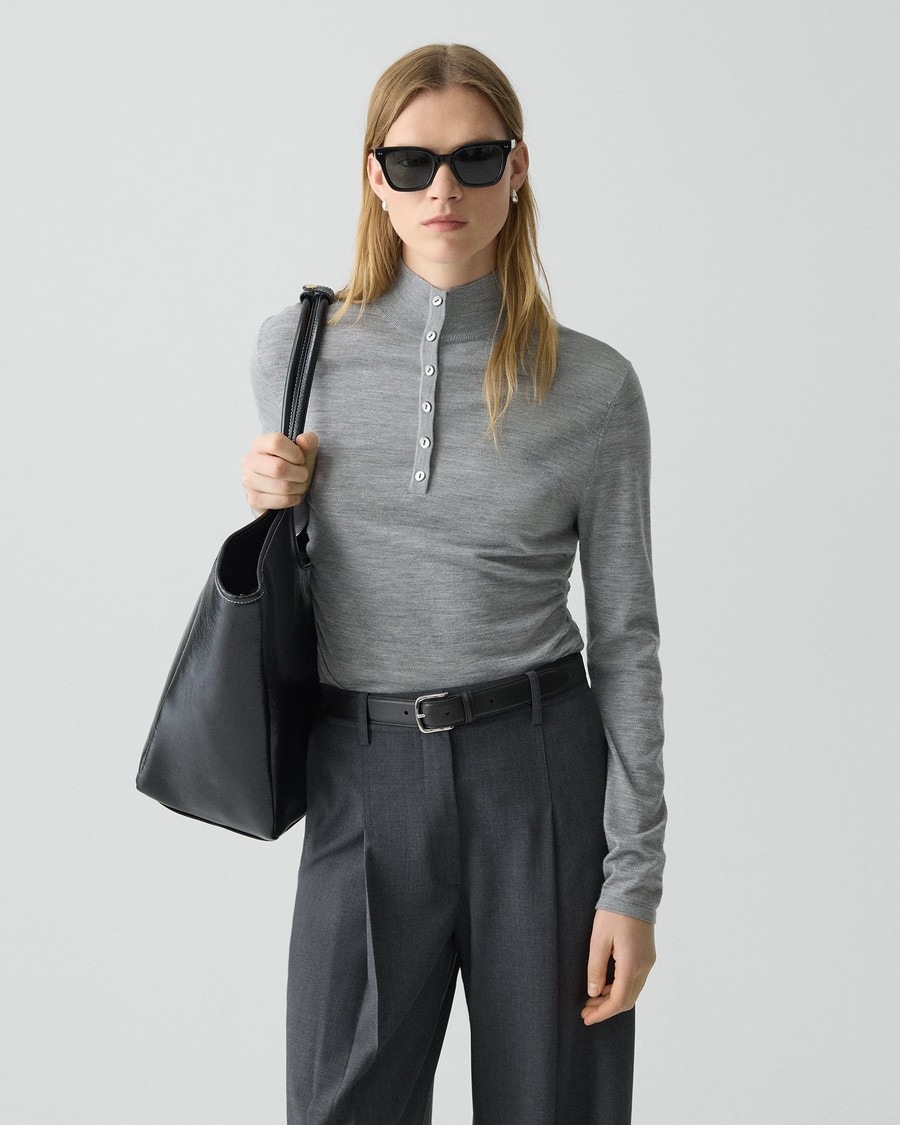 Grey Melange Shirred Henley Sweater in Regal Wool | Women's Wool