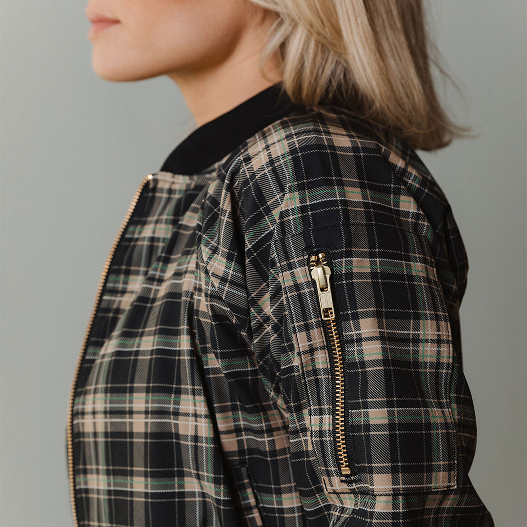 Women's Zip-Up Bomber Jacket in Festive Plaid - Albion Fit