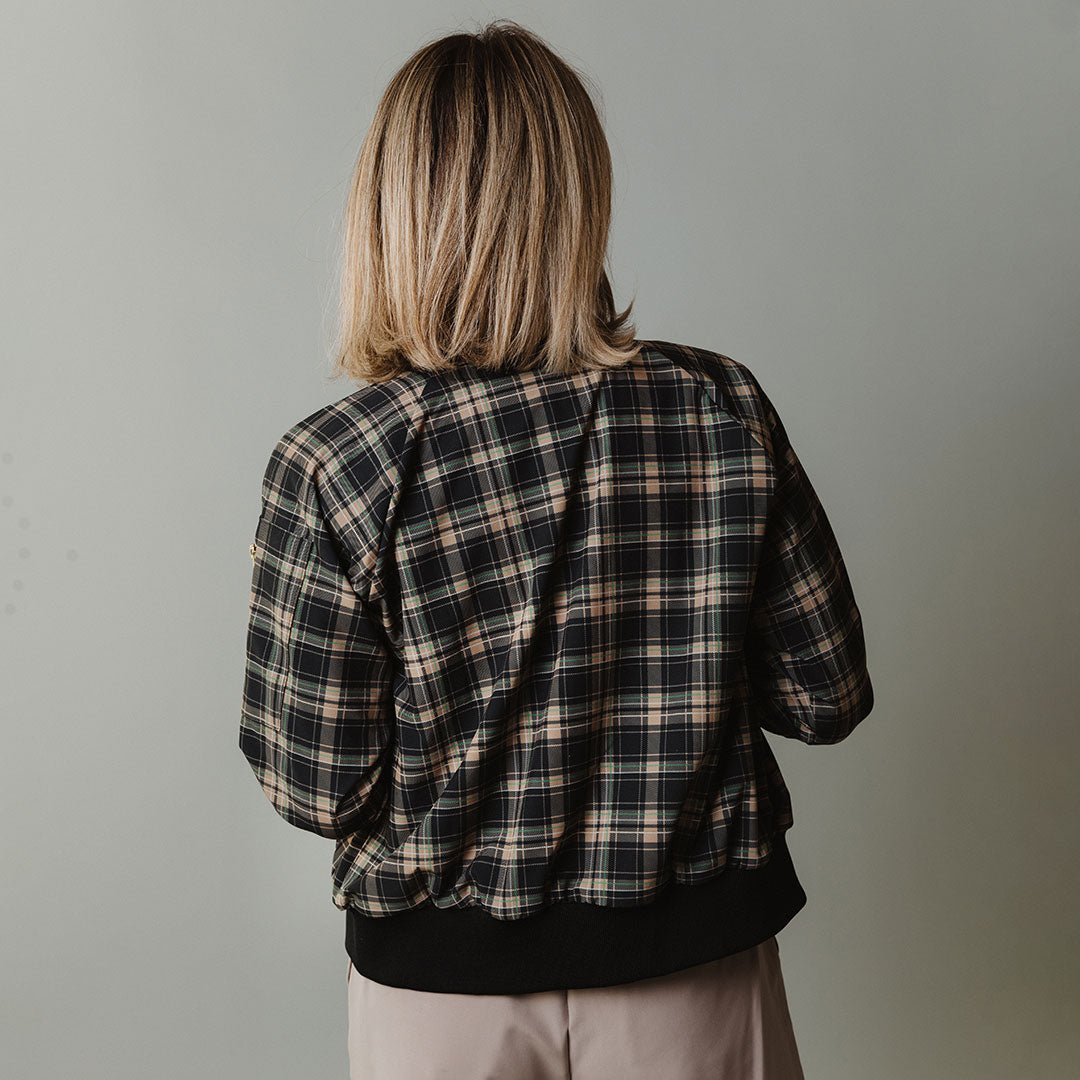 Women's Zip-Up Bomber Jacket in Festive Plaid - Albion Fit