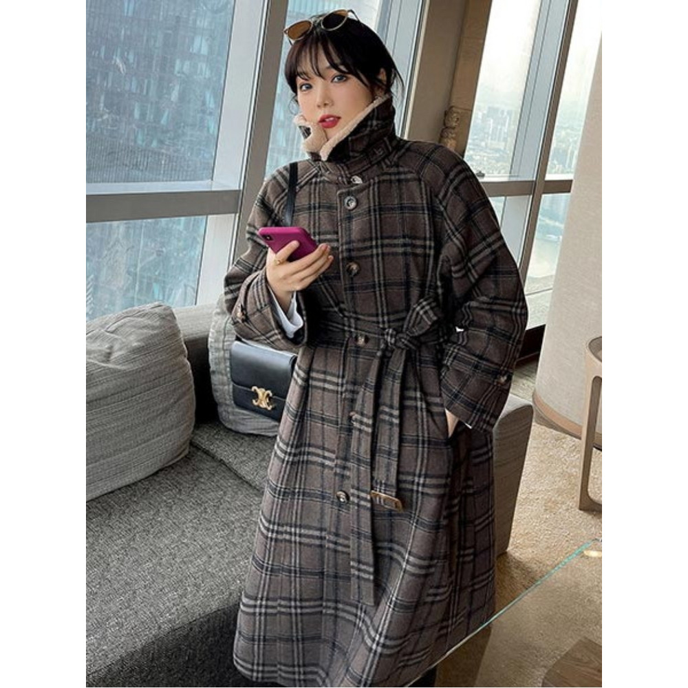 シックなブラウン系タータンチェック オーバーコート 大きいサイズ