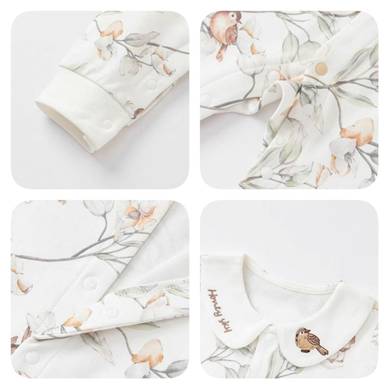 襟付きバード刺繍ロンパース 60cm~100cm｜ベビーのロンパース