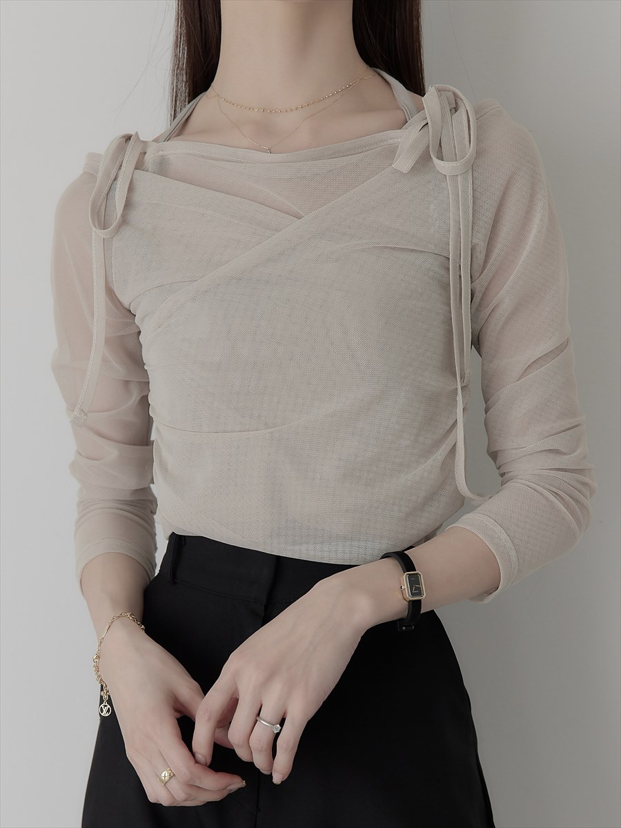 RE ARRIVAL】 tulle layered ribbon tops / charcoal amel