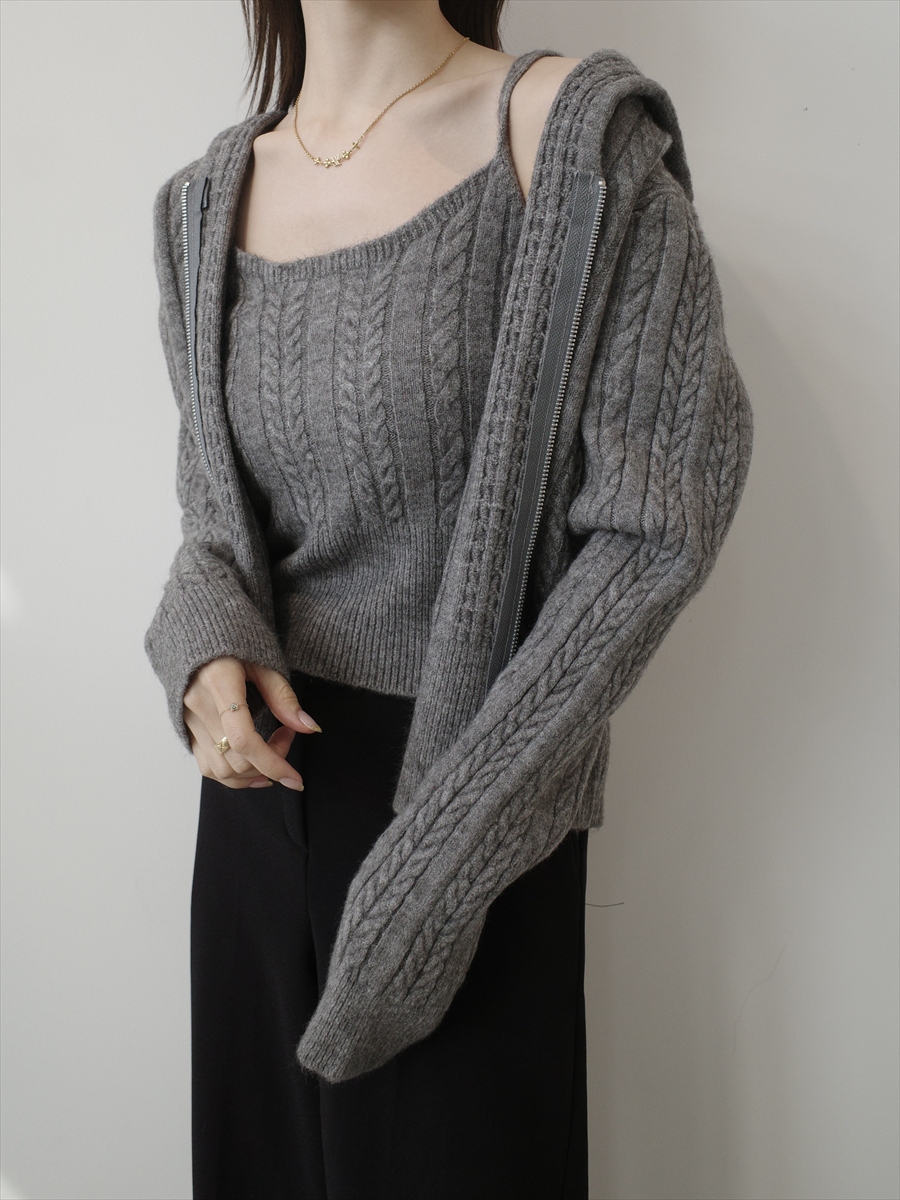 NEW】camisole set cable knit hoodie / grey amel