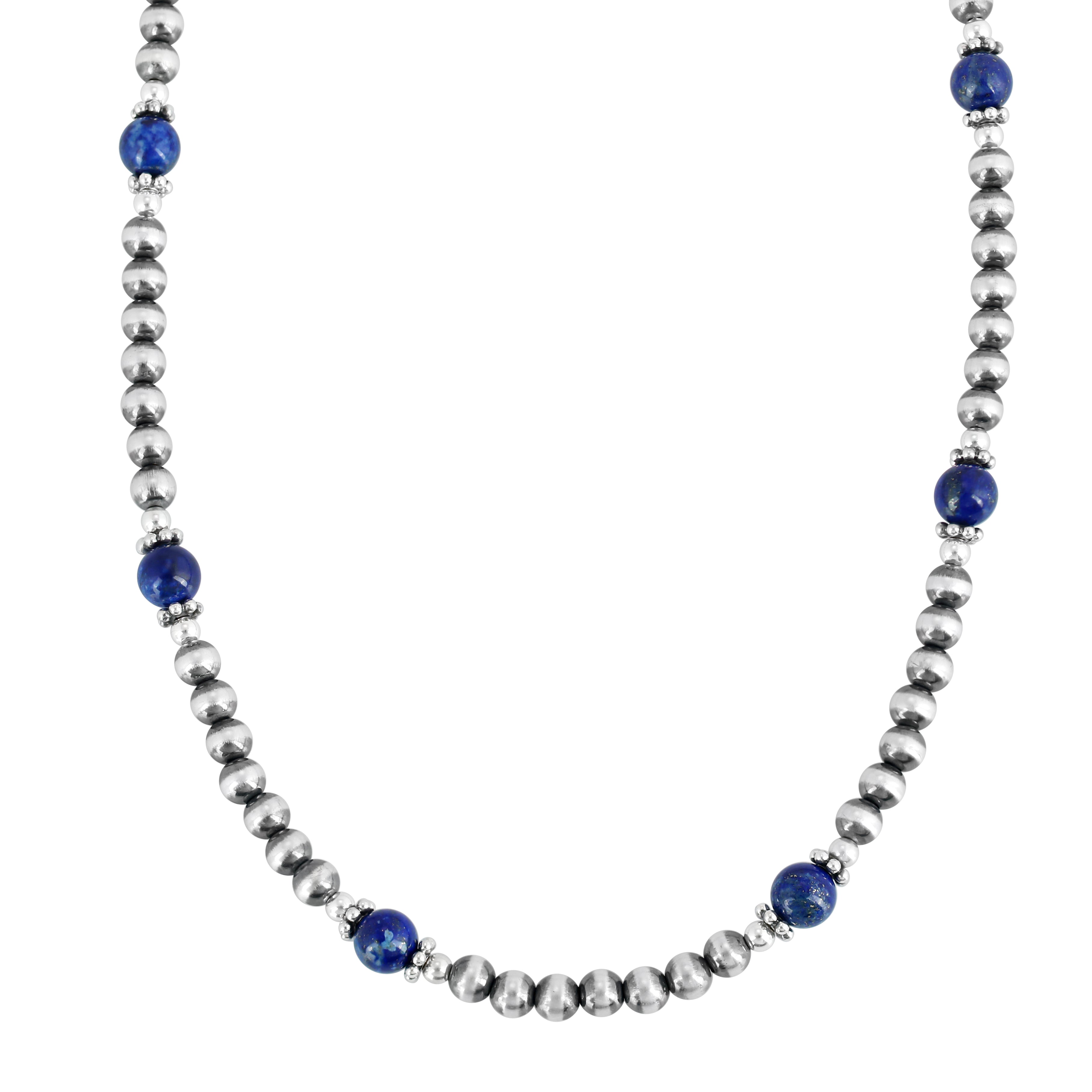 Sterling Silver and Lapis Bead Necklace, 17 to 20 Inches