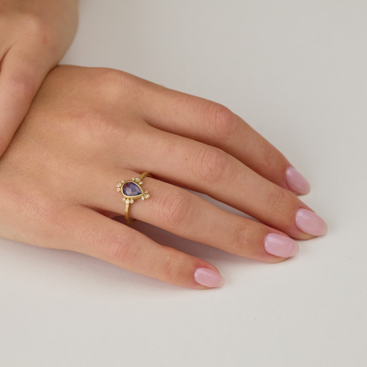Blue Sapphire Teardrop Ring with Diamond Trios - Ananda Khalsa