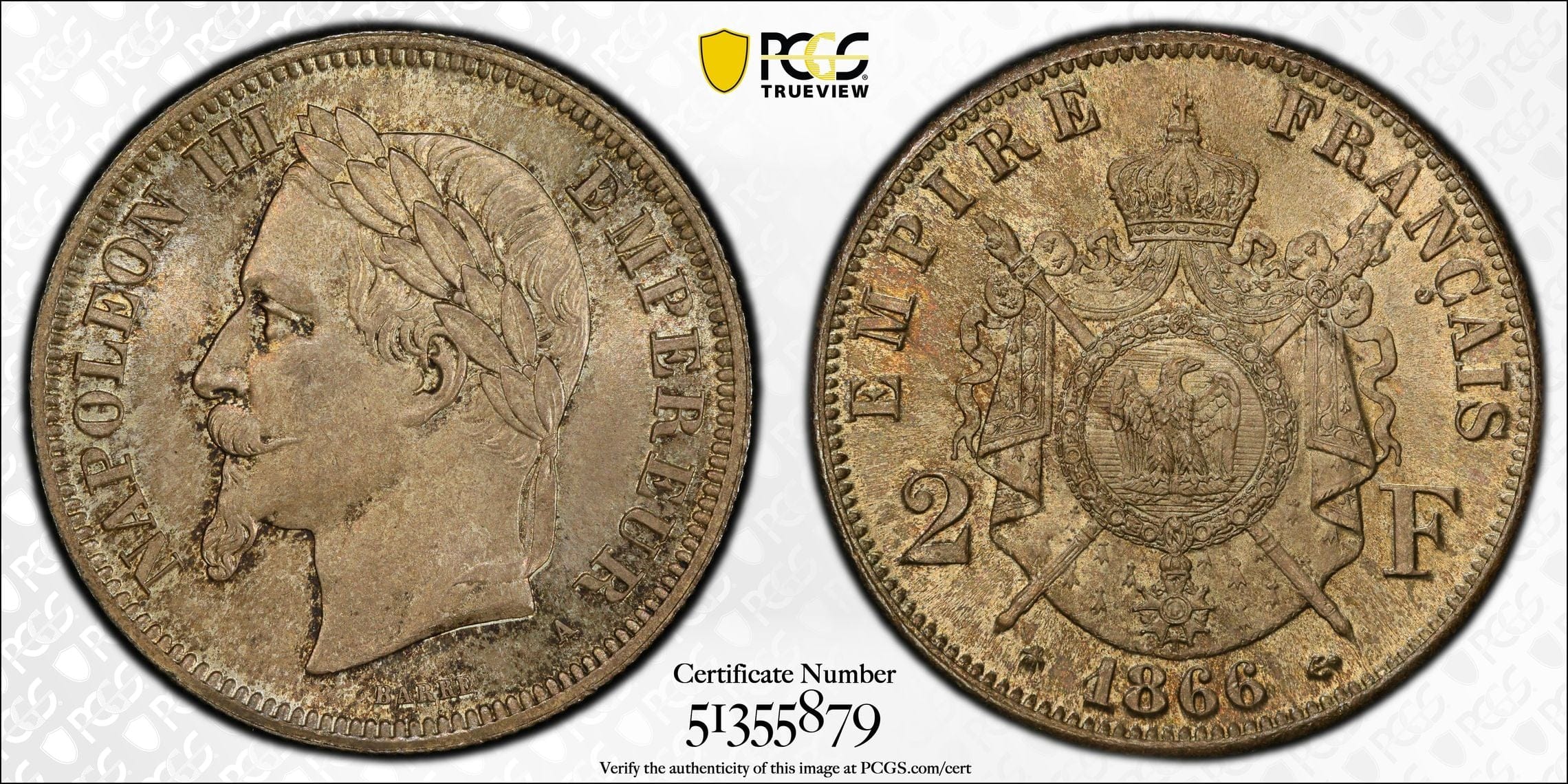 1866年A フランス ナポレオン3世 2フラン銀貨 PCGS MS65 | 港区虎ノ門