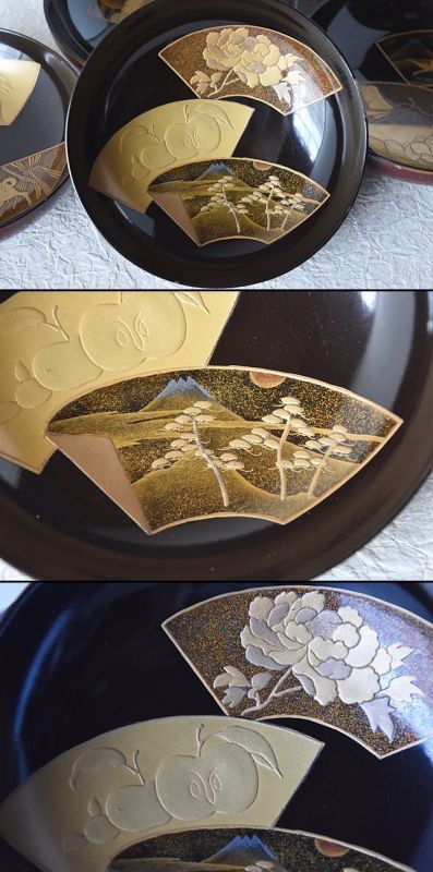 輪島塗 図変わり見返し総柄金蒔絵 溜塗煮物椀5客セット 月にうさぎなど