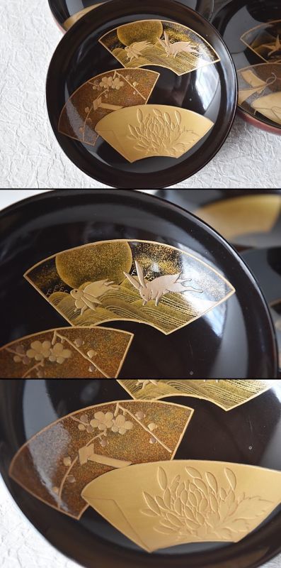 輪島塗 図変わり見返し総柄金蒔絵 溜塗煮物椀5客セット 月にうさぎなど