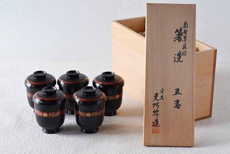 平安 光阿弥造 菊唐草蒔絵 箸洗 小吸物椀 5客セット - 生活骨董と古布
