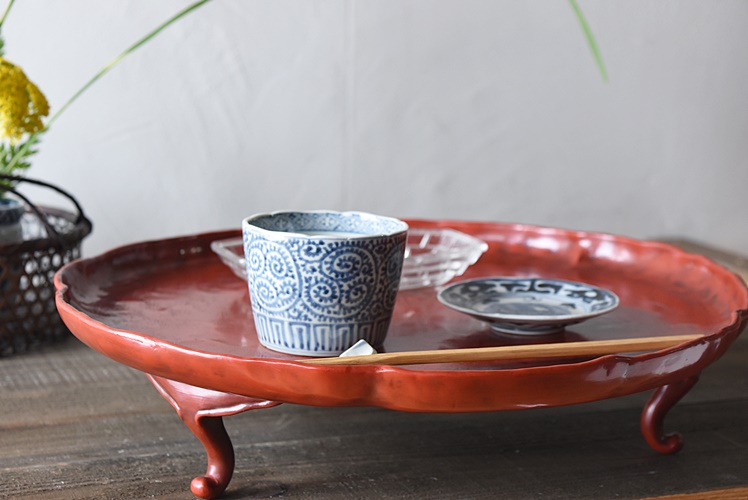 在銘 天然木製漆塗 根来塗 桜花膳 1枚 刳り盆 - 生活骨董と古布の