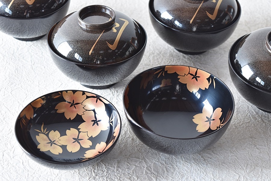 輪島塗 天然木製漆塗 雪月花 吸物椀 5客 見返し図桜 野義商會 - 生活