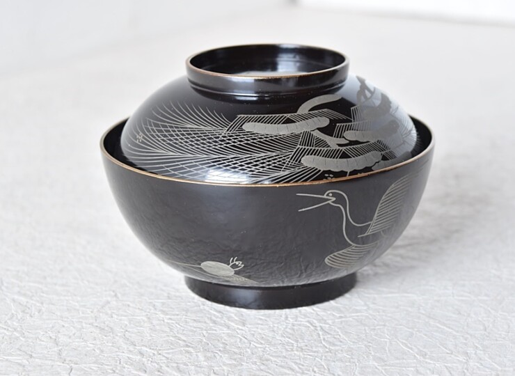 天然木製漆塗 原叟好 黒銀蒔絵煮物椀 鶴亀松竹梅 - 生活骨董と古布の